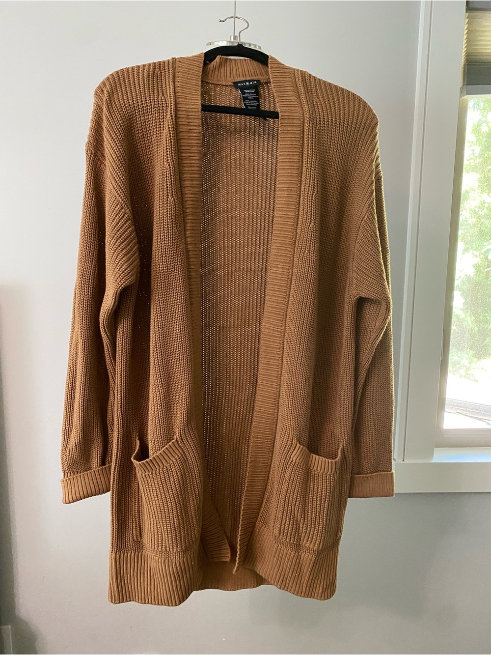 Women's Open-Front Camel Cardigan with Front Pockets